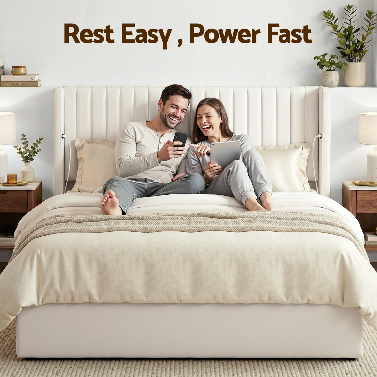 King Bed Frame with Gaslift Storage and USB Type-C Ports, Velvet Upholstery White
