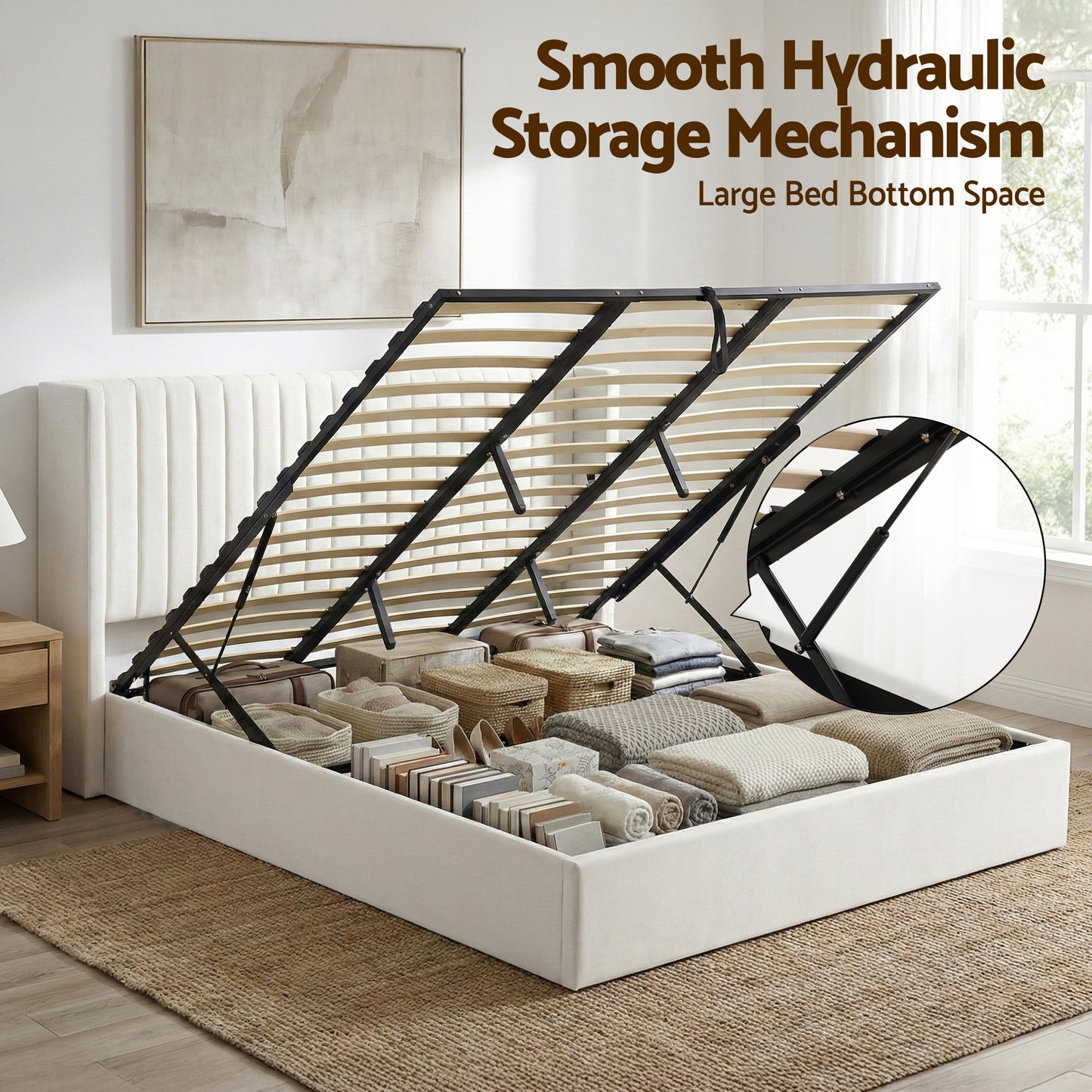 King Bed Frame with Gaslift Storage and USB Type-C Ports, Velvet Upholstery White