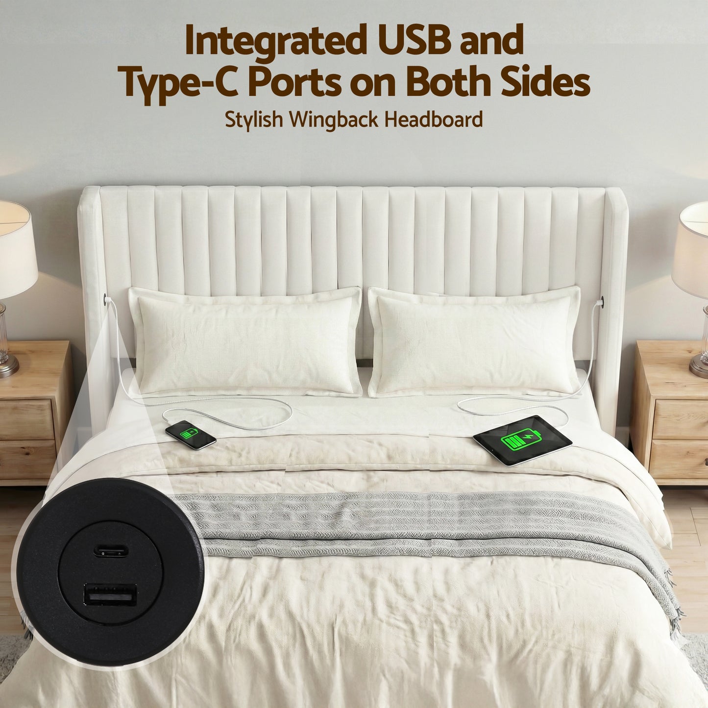 King Bed Frame with Gaslift Storage and USB Type-C Ports, Velvet Upholstery White