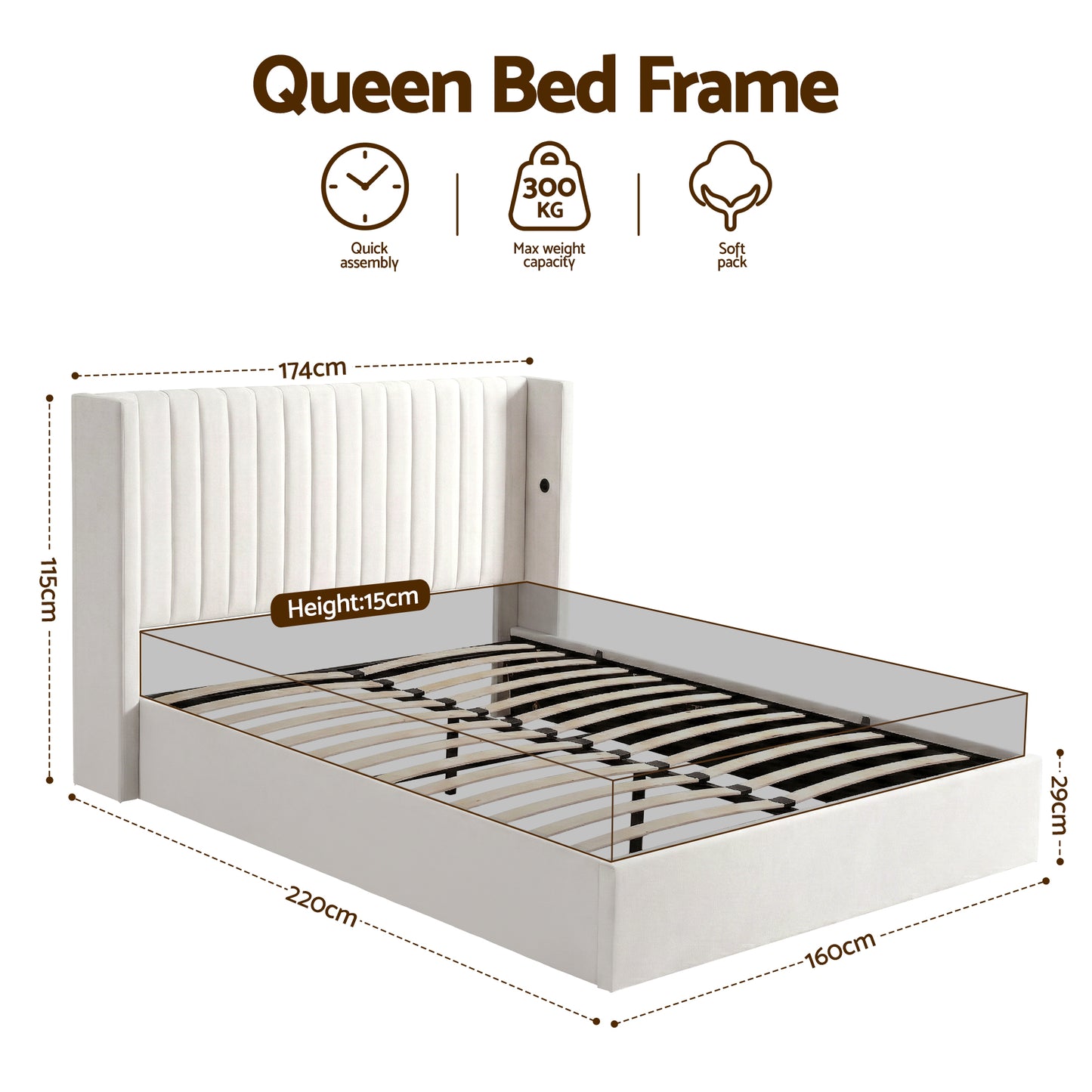 Queen Bed Frame with Gaslift Storage and USB Type-C Ports, Velvet Upholstery White