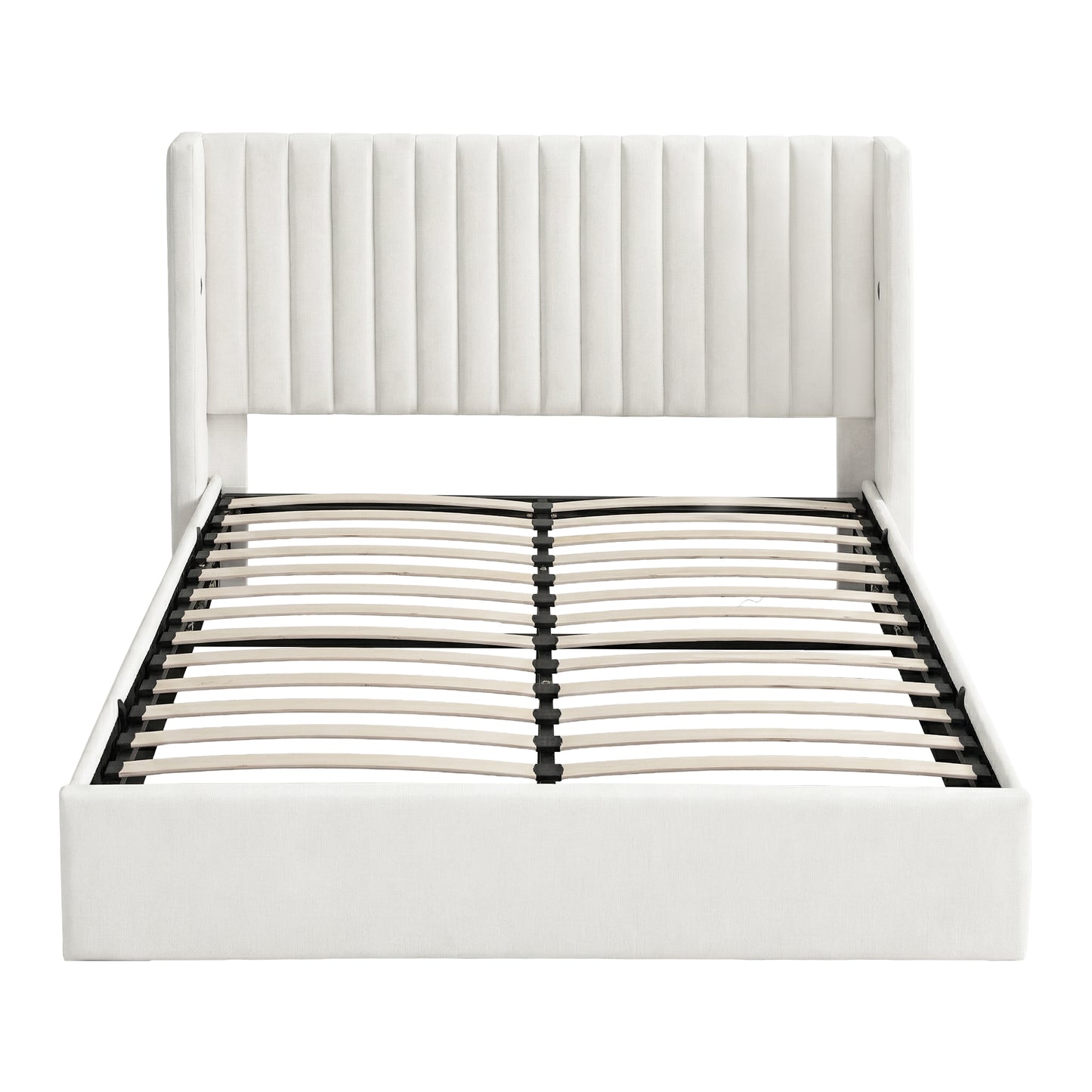 Queen Bed Frame with Gaslift Storage and USB Type-C Ports, Velvet Upholstery White