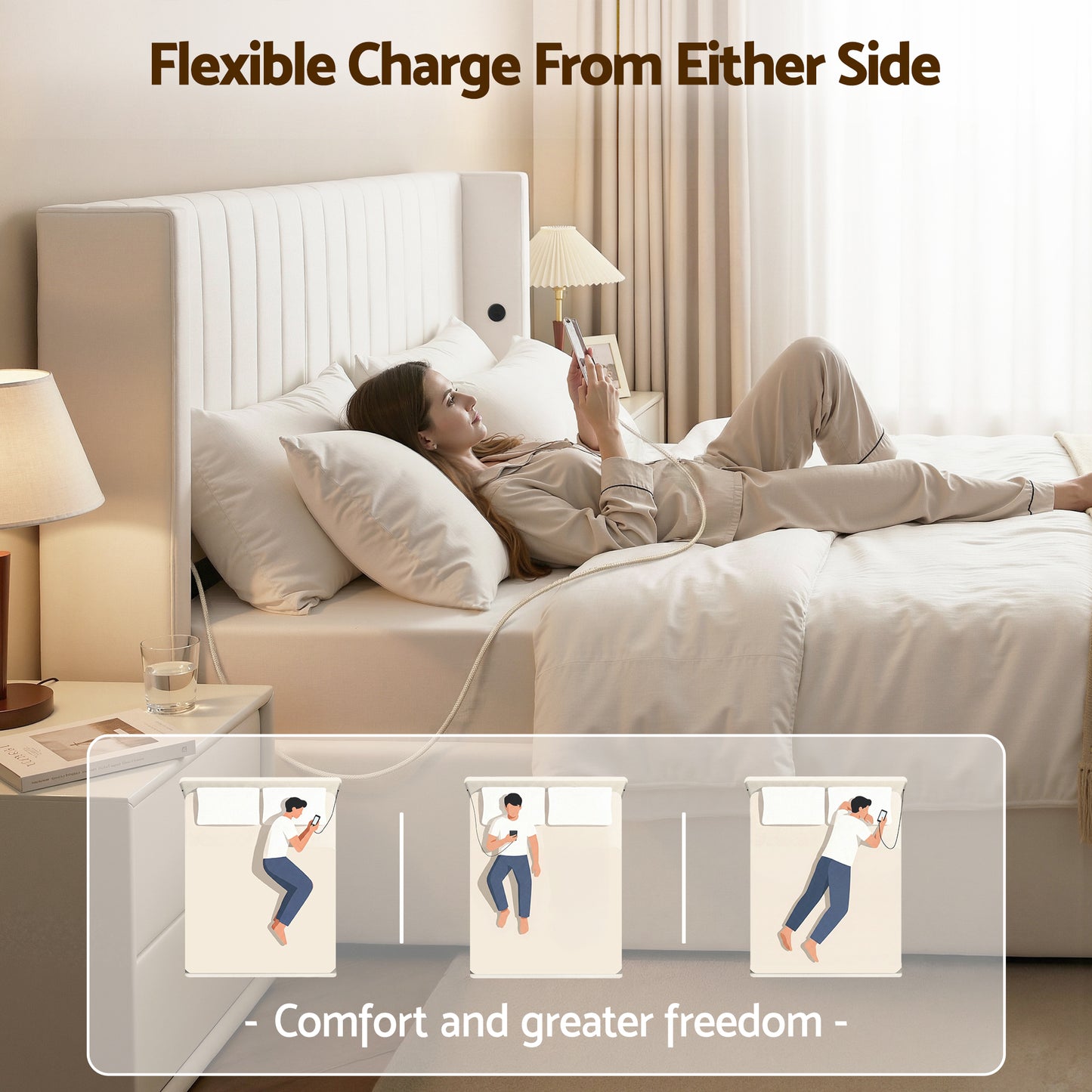 Queen Bed Frame with Gaslift Storage and USB Type-C Ports, Velvet Upholstery White