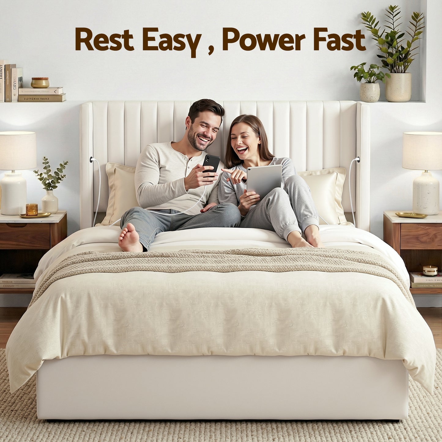 Queen Bed Frame with Gaslift Storage and USB Type-C Ports, Velvet Upholstery White