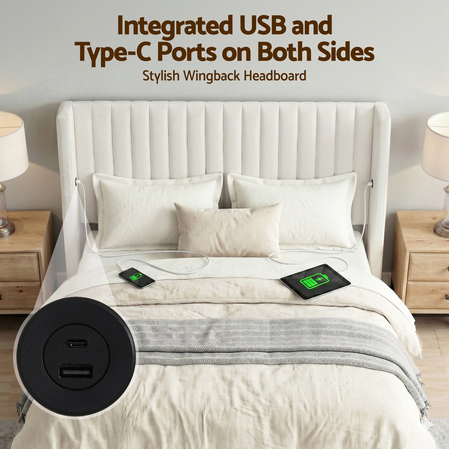 Queen Bed Frame with Gaslift Storage and USB Type-C Ports, Velvet Upholstery White