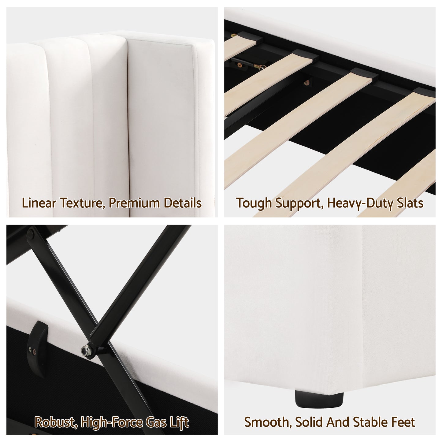 Queen Bed Frame with Gaslift Storage and USB Type-C Ports, Velvet Upholstery White