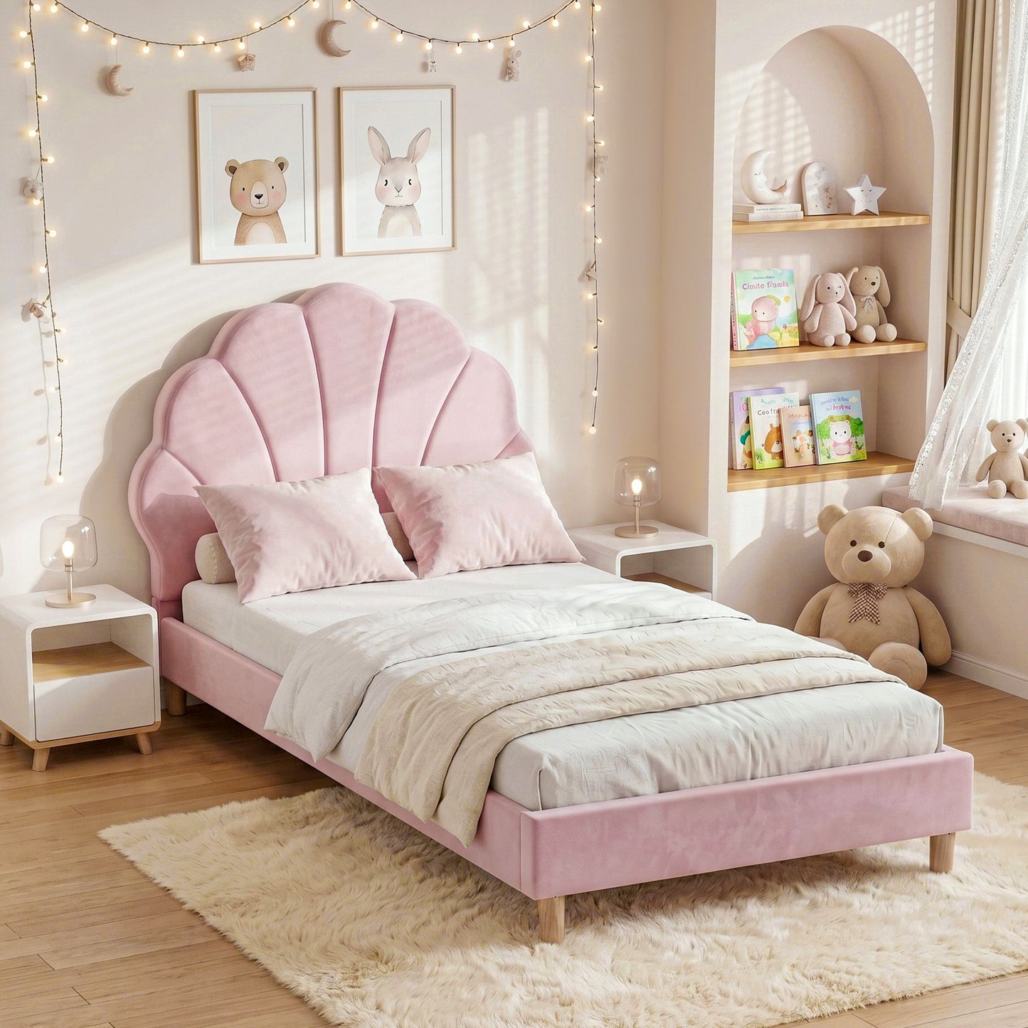 TWSC Single Bed Frame Scallop Upholstered Headboard Pink Velvet Platform Base Support up to 180kg