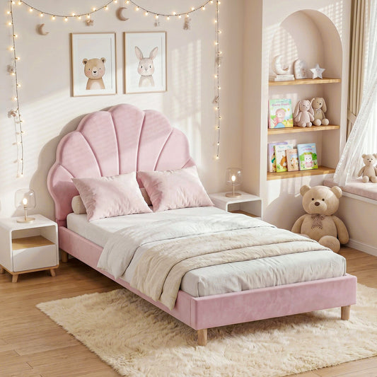 TWSC Single Bed Frame Scallop Upholstered Headboard Pink Velvet Platform Base Support up to 180kg