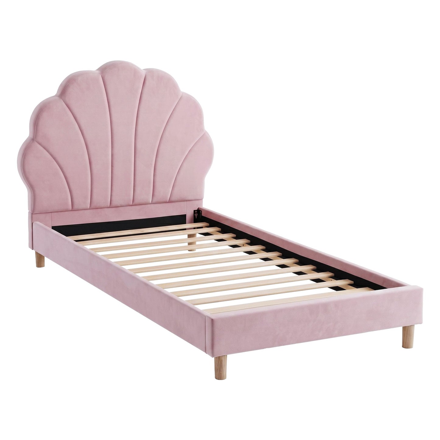 TWSC Single Bed Frame Scallop Upholstered Headboard Pink Velvet Platform Base Support up to 180kg