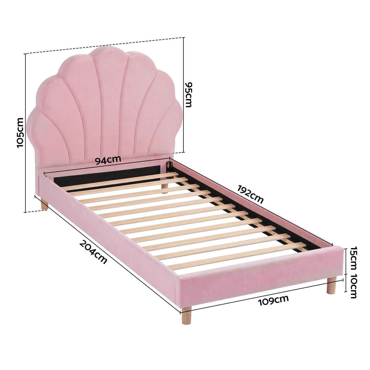 TWSC Single Bed Frame Scallop Upholstered Headboard Pink Velvet Platform Base Support up to 180kg