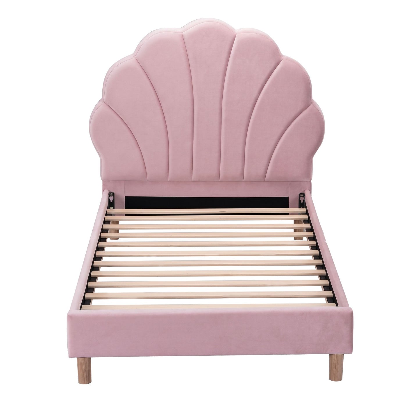 TWSC Single Bed Frame Scallop Upholstered Headboard Pink Velvet Platform Base Support up to 180kg