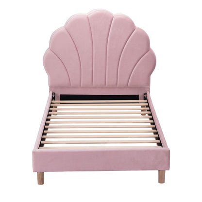 TWSC Single Bed Frame Scallop Upholstered Headboard Pink Velvet Platform Base Support up to 180kg
