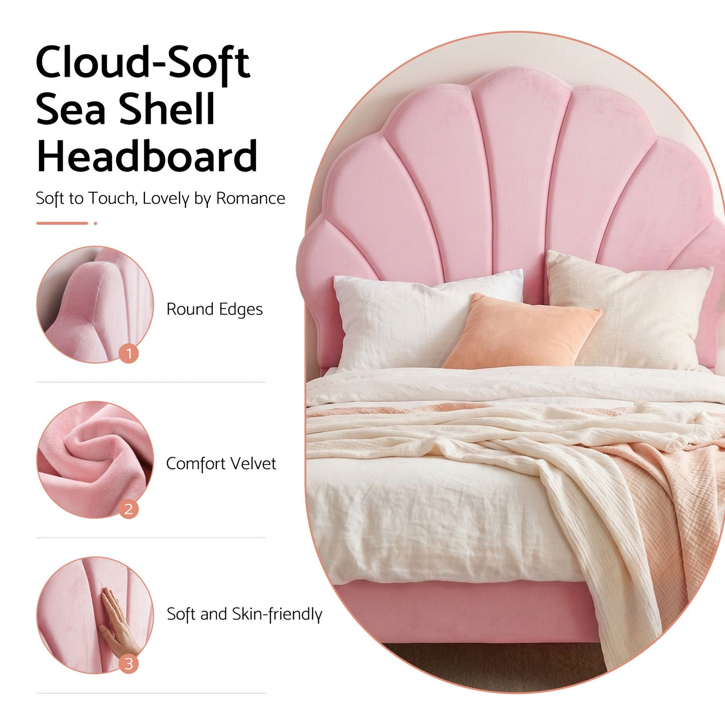 TWSC Single Bed Frame Scallop Upholstered Headboard Pink Velvet Platform Base Support up to 180kg