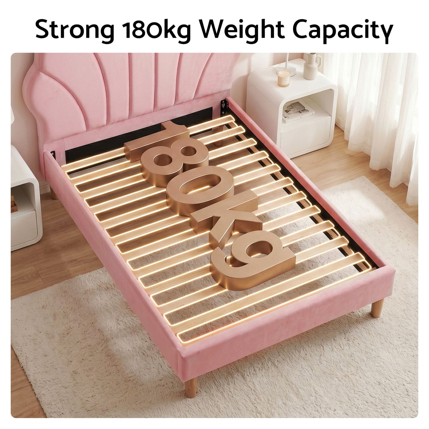 TWSC Single Bed Frame Scallop Upholstered Headboard Pink Velvet Platform Base Support up to 180kg