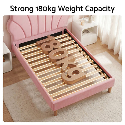 TWSC Single Bed Frame Scallop Upholstered Headboard Pink Velvet Platform Base Support up to 180kg