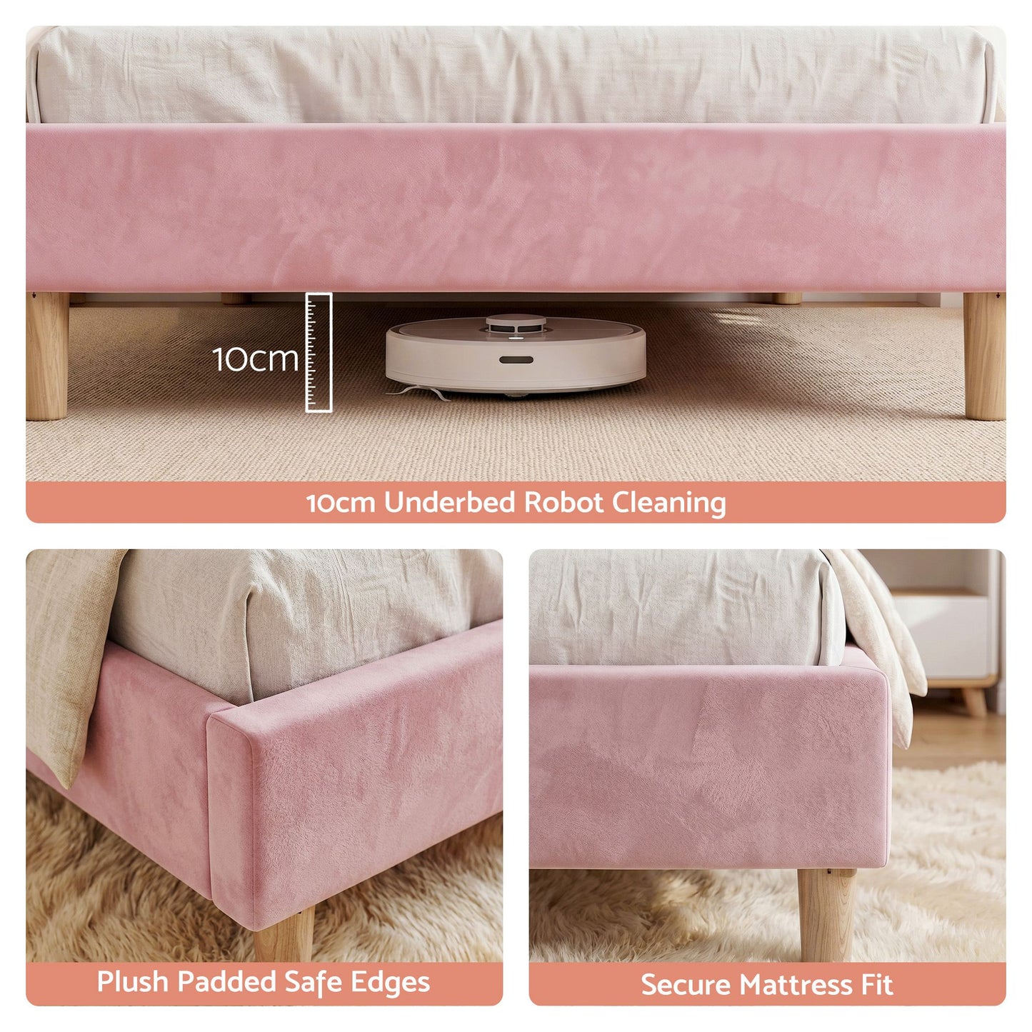 TWSC Single Bed Frame Scallop Upholstered Headboard Pink Velvet Platform Base Support up to 180kg