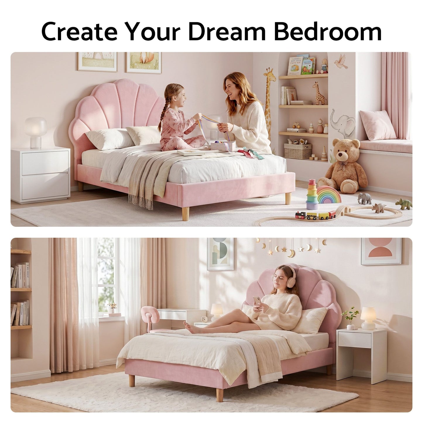 TWSC Single Bed Frame Scallop Upholstered Headboard Pink Velvet Platform Base Support up to 180kg
