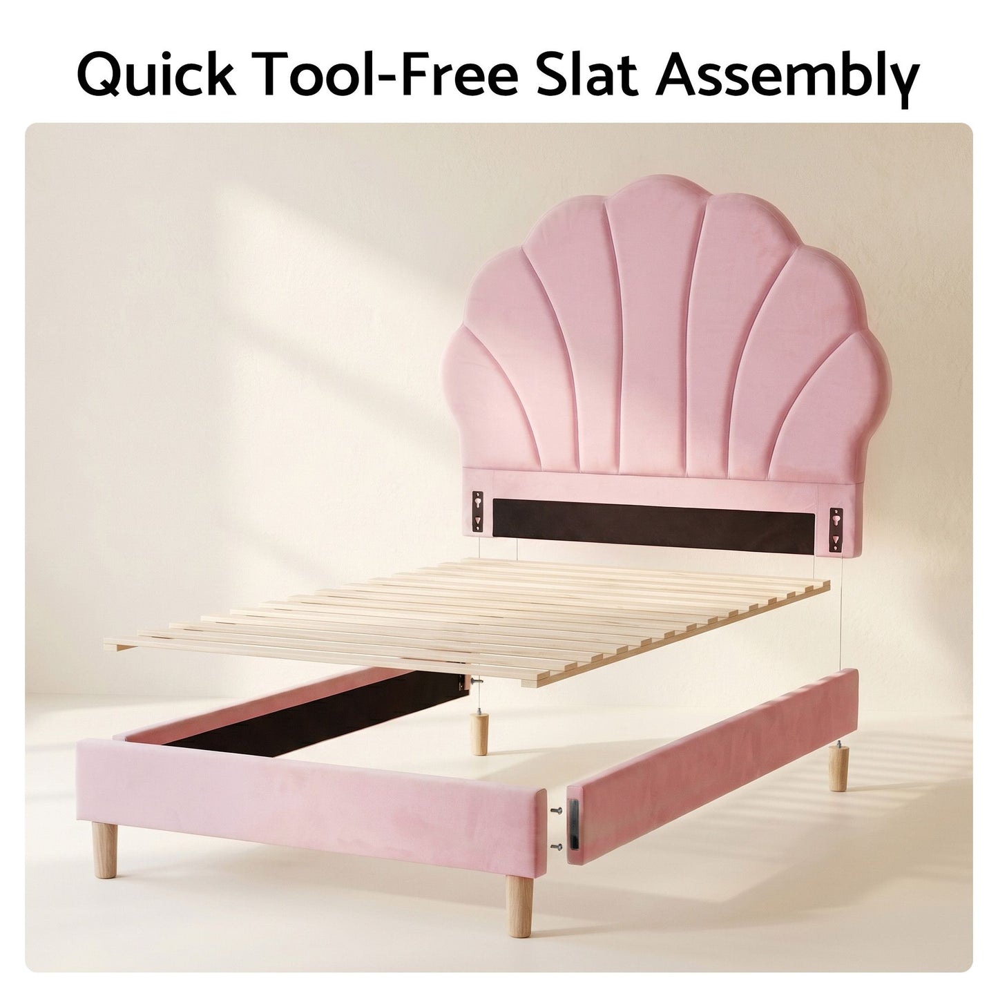 TWSC Single Bed Frame Scallop Upholstered Headboard Pink Velvet Platform Base Support up to 180kg