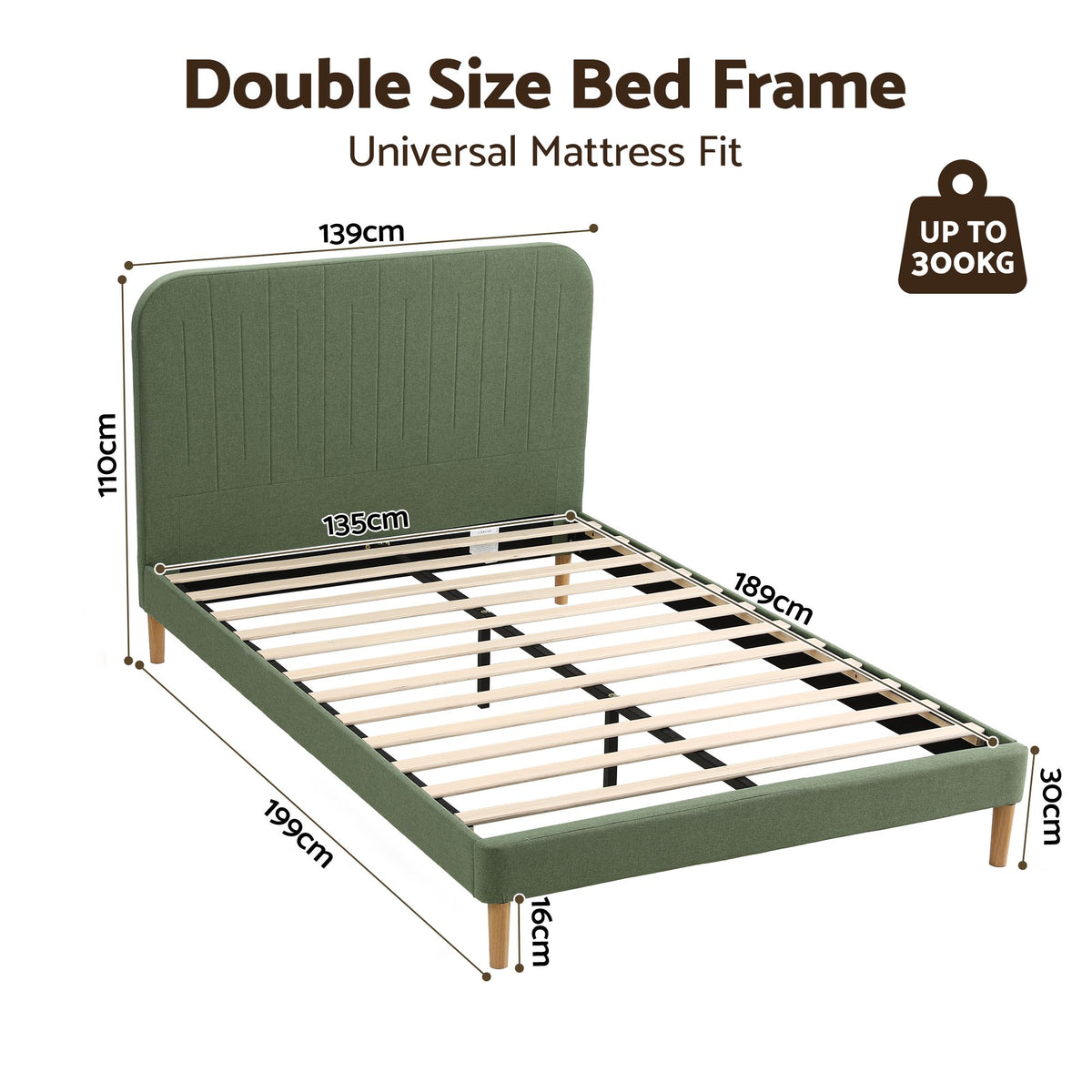 Artiss Double Bed Frame, Green Fabric, Padded Headboard, 300kg Capacity