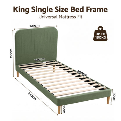 Artiss King Single Bed Frame, Green Faux Linen with Wooden Slats