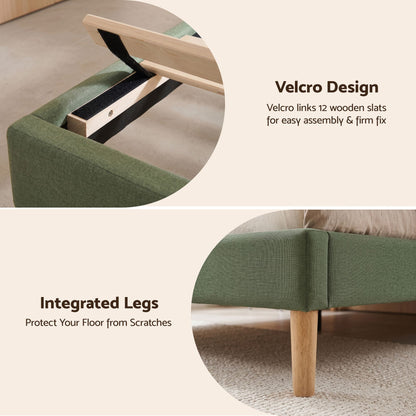 Artiss King Single Bed Frame, Green Faux Linen with Wooden Slats