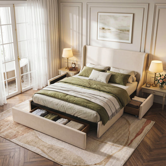TWSC King Upholstered Bed Frame with 3 Storage Drawers Wingback Headboard Heavy Duty Metal Platform Base