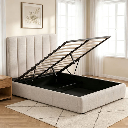Tette Bed Frame – Gas Lift Storage, Double Size, Beige Linen Upholstery