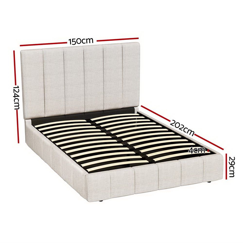 Tette Bed Frame – Gas Lift Storage, Double Size, Beige Linen Upholstery