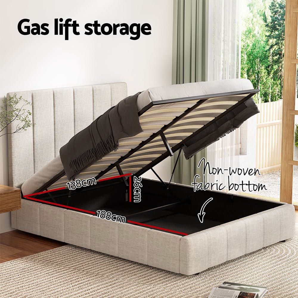 Tette Bed Frame – Gas Lift Storage, Double Size, Beige Linen Upholstery