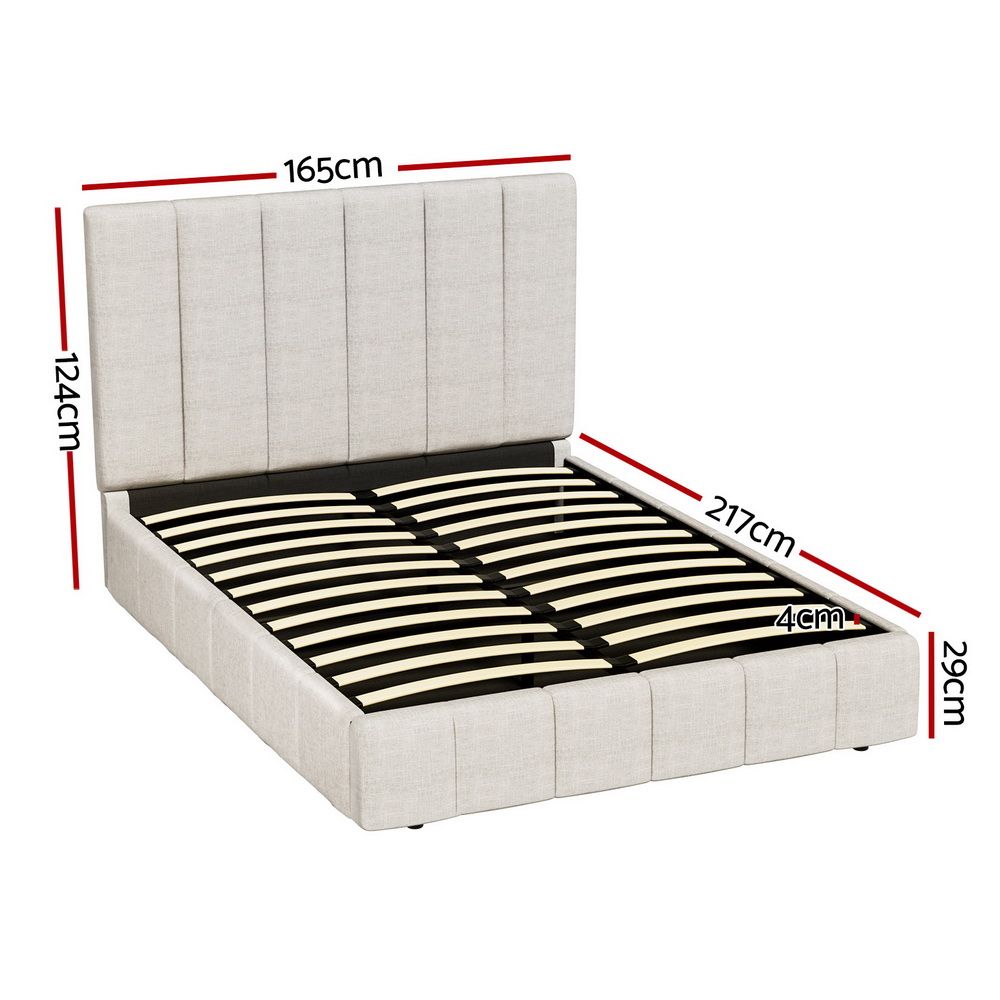 Tette Bed Frame – Gas Lift Storage, Queen, Beige Linen Upholstery