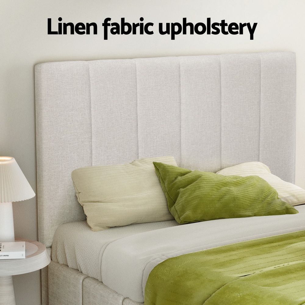Tette Bed Frame – Gas Lift Storage, Queen, Beige Linen Upholstery
