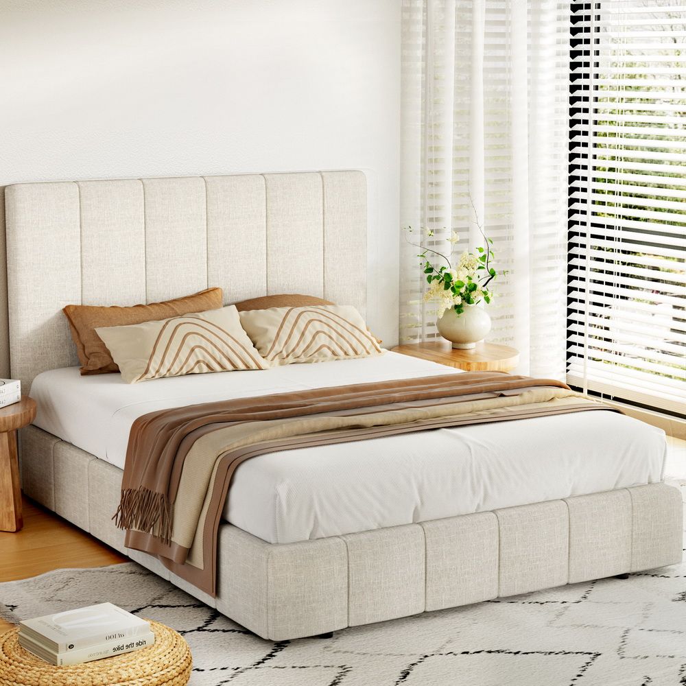 Tette Bed Frame – Gas Lift Storage, Queen, Beige Linen Upholstery