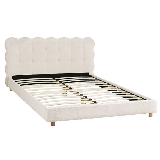 TWSC Double Bed Frame Cloud Headboard Boucle Fabric Mattress Platform Base White