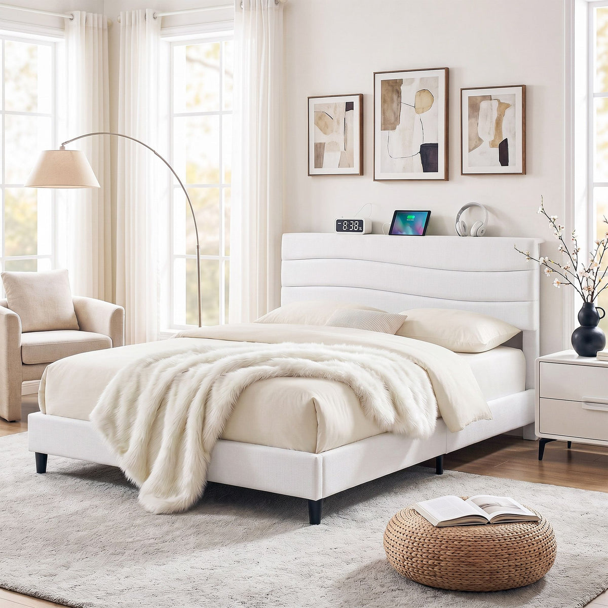 TWSC Queen Bed Frame with Storage Adjustable Headboard Platform Base Linen Fabric Charging Ports