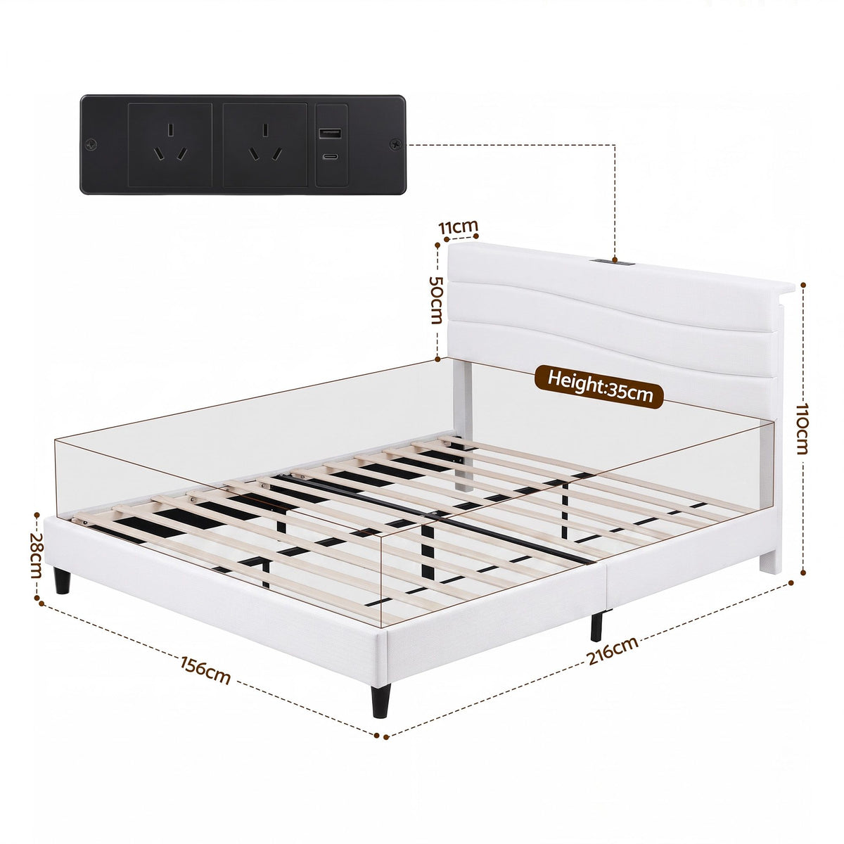 TWSC Queen Bed Frame with Storage Adjustable Headboard Platform Base Linen Fabric Charging Ports