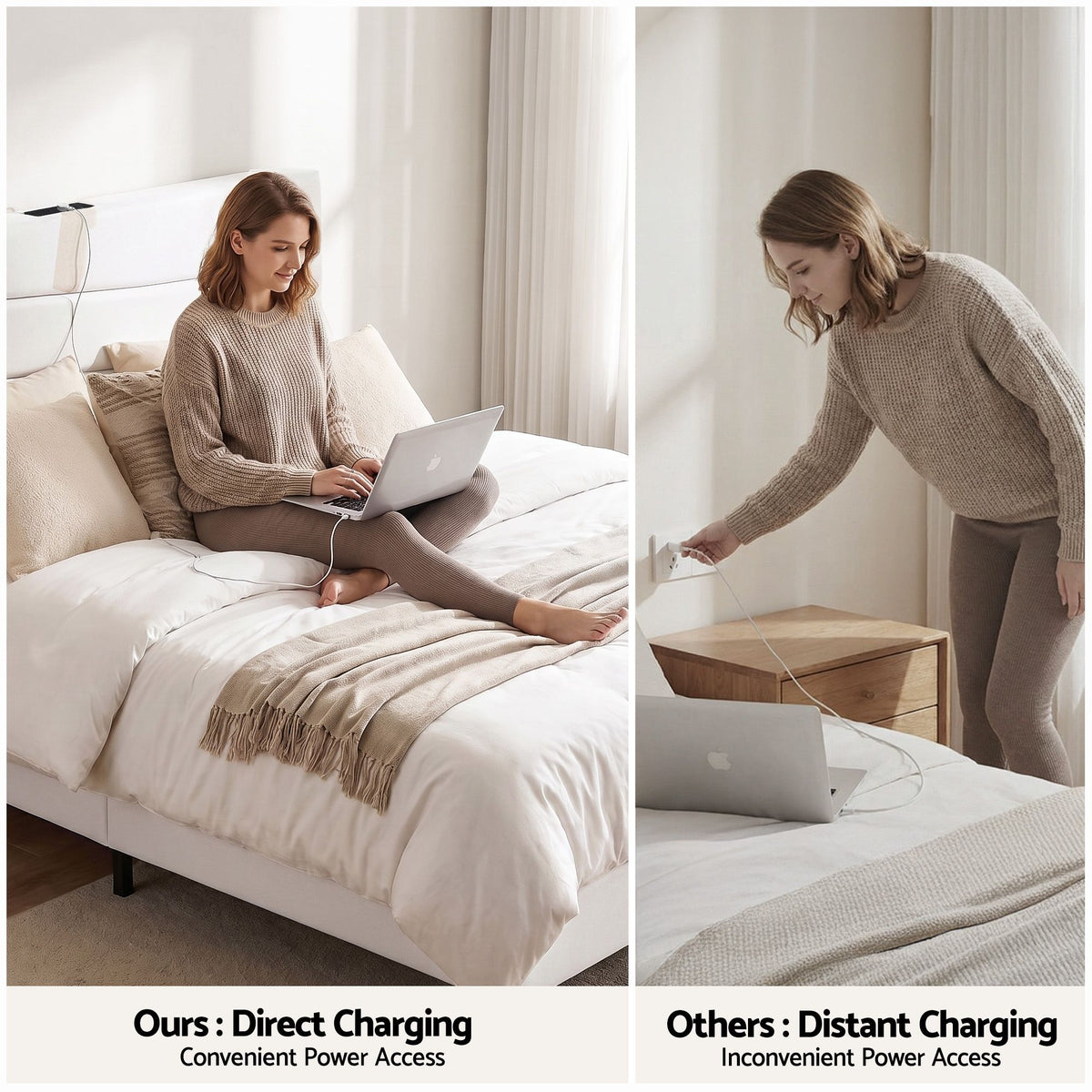 TWSC Queen Bed Frame with Storage Adjustable Headboard Platform Base Linen Fabric Charging Ports