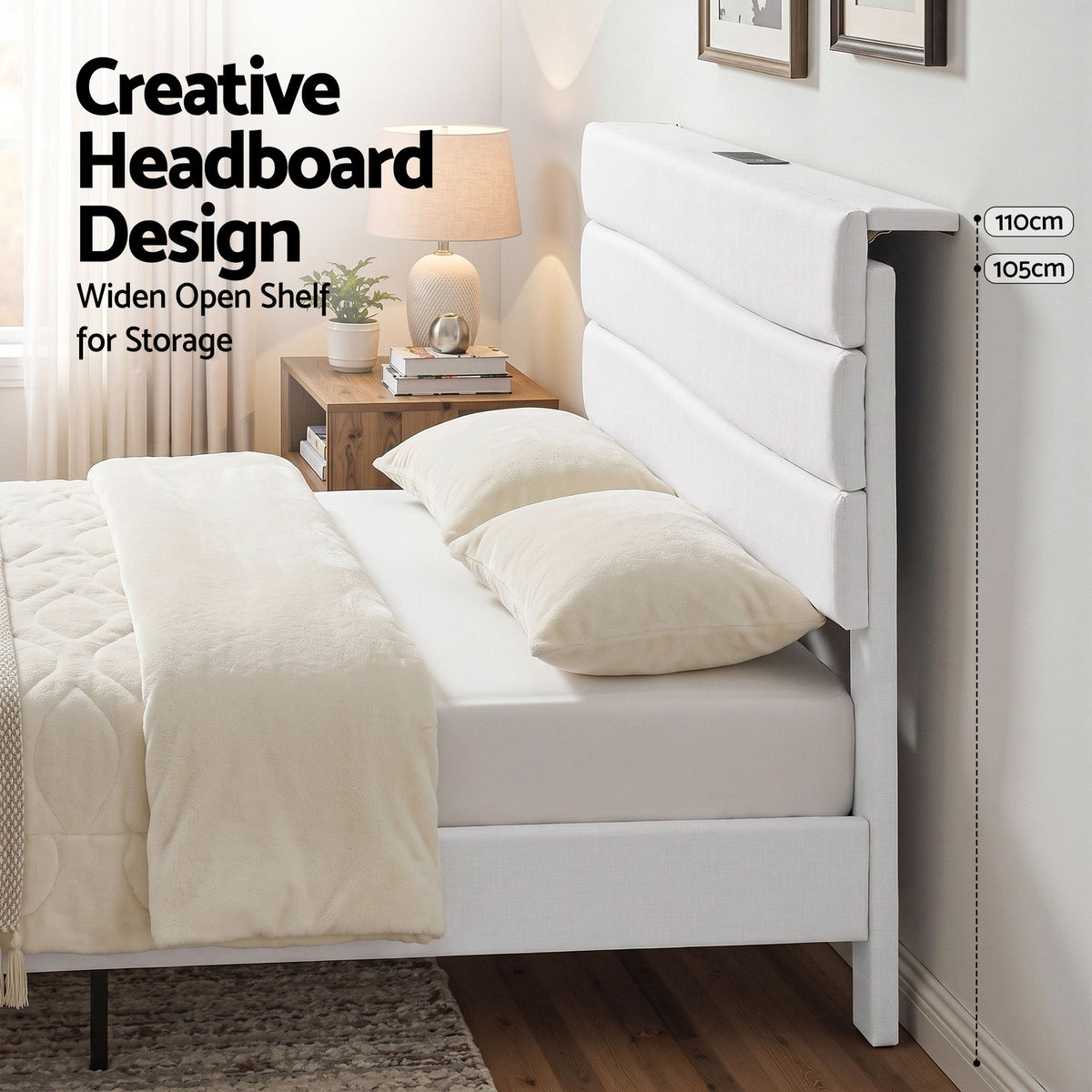 TWSC Queen Bed Frame with Storage Adjustable Headboard Platform Base Linen Fabric Charging Ports