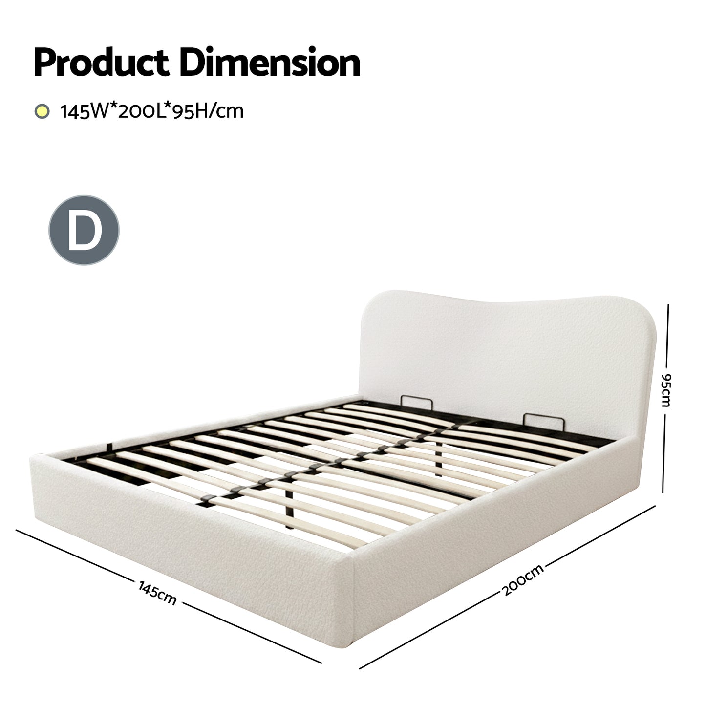 Double Bed Frame with Gaslift Storage – Boucle Upholstered, Beige White, Pine Wood