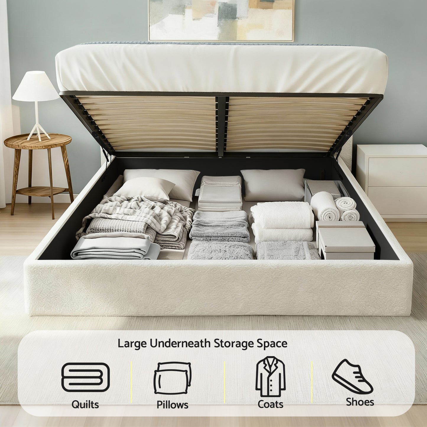 Double Bed Frame with Gaslift Storage – Boucle Upholstered, Beige White, Pine Wood