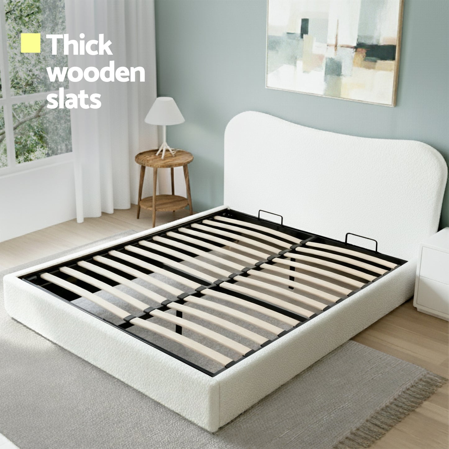 Double Bed Frame with Gaslift Storage – Boucle Upholstered, Beige White, Pine Wood