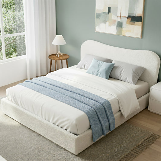 Queen Bed Frame with Gaslift Storage – Boucle Upholstered, Pine Wood, Beige White