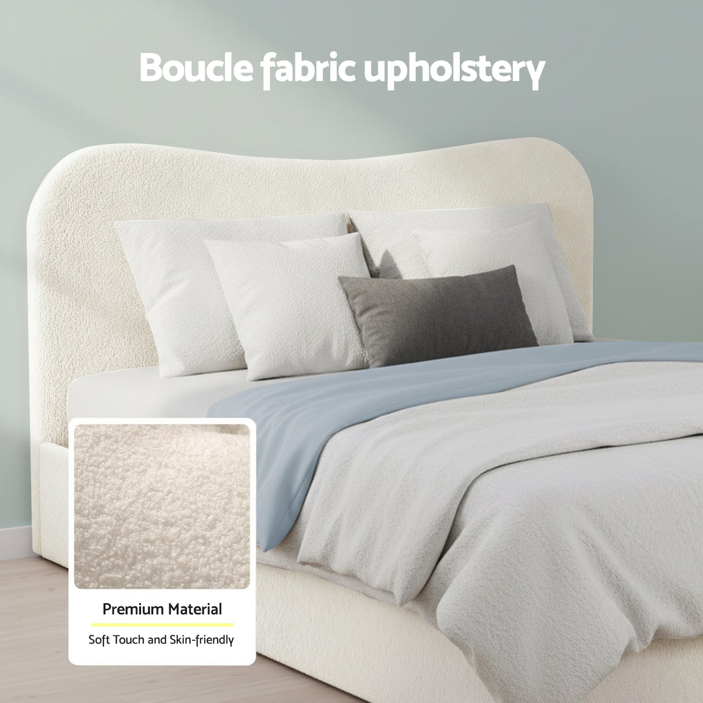 Queen Bed Frame with Gaslift Storage – Boucle Upholstered, Pine Wood, Beige White