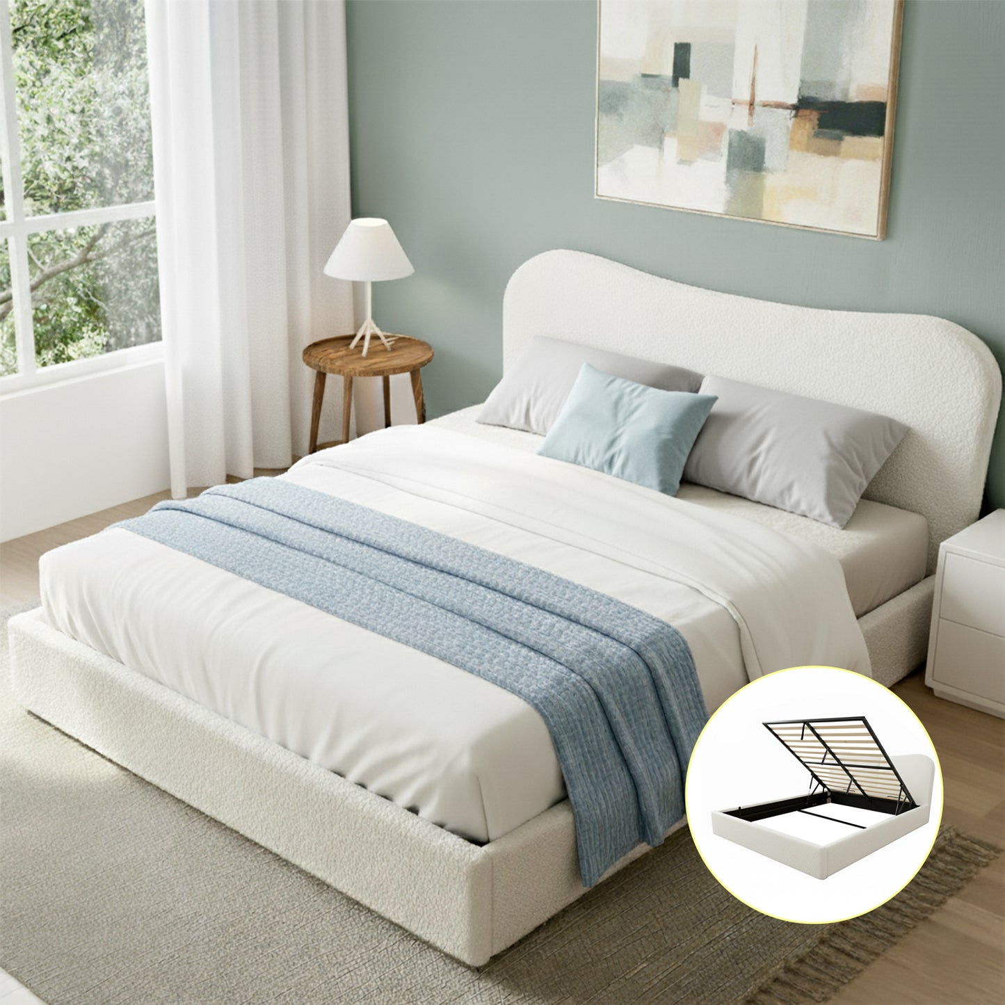 Queen Bed Frame with Gaslift Storage – Boucle Upholstered, Pine Wood, Beige White