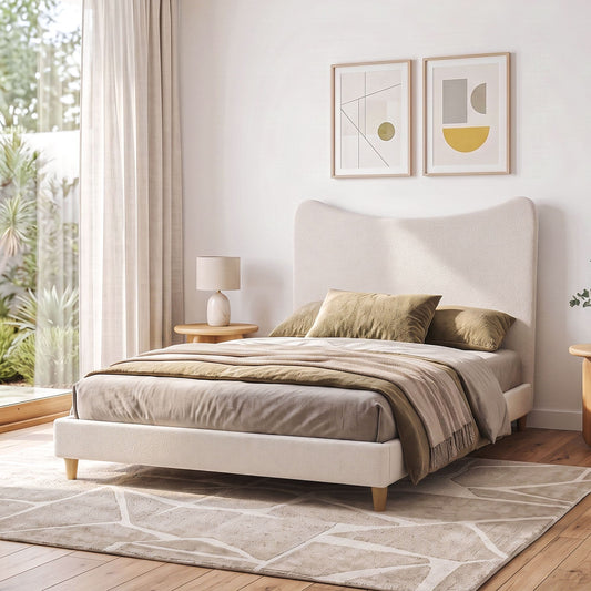 TWSC Double Bed Frame with Boucle Headboard, Beige, 300kg Capacity