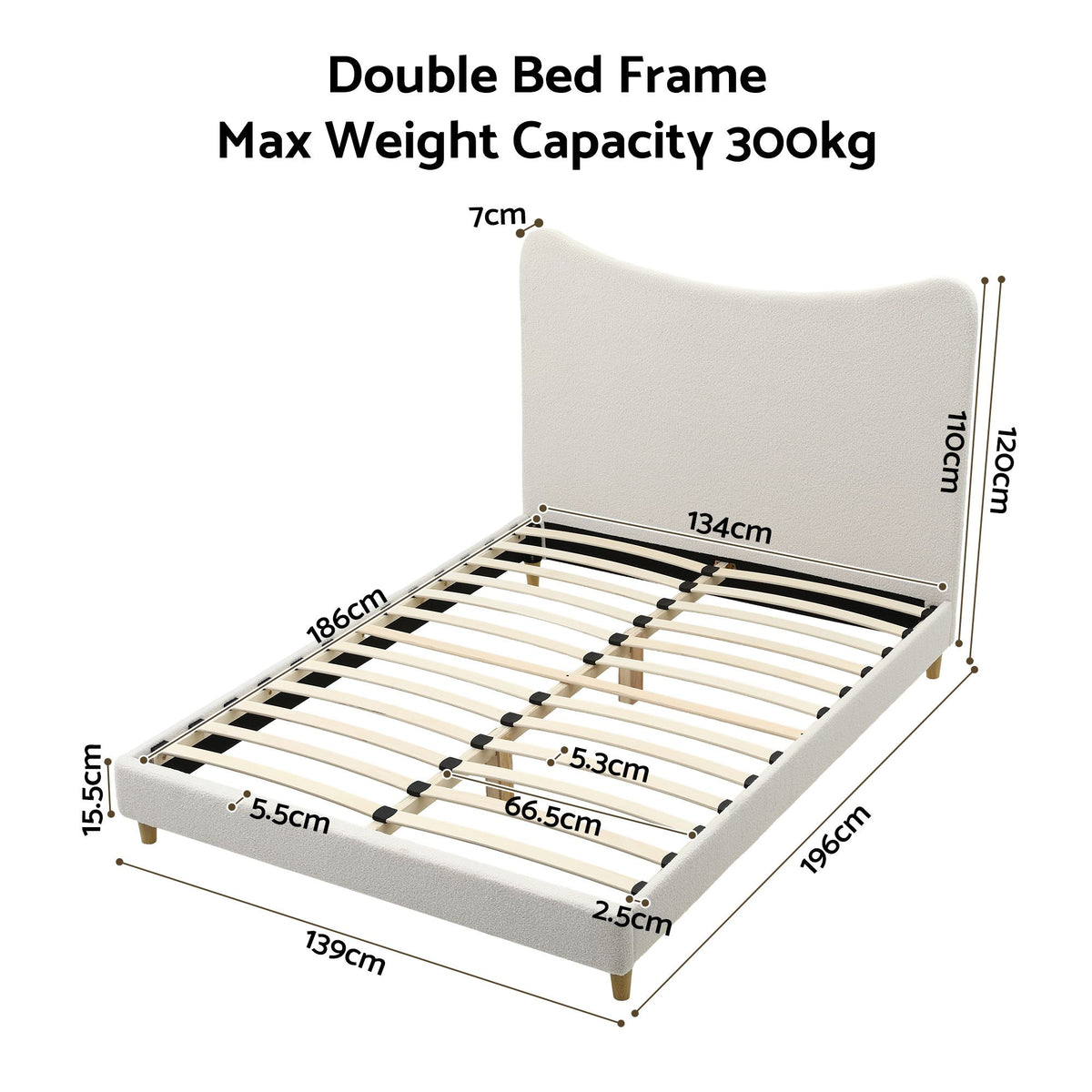 TWSC Double Bed Frame with Boucle Headboard, Beige, 300kg Capacity
