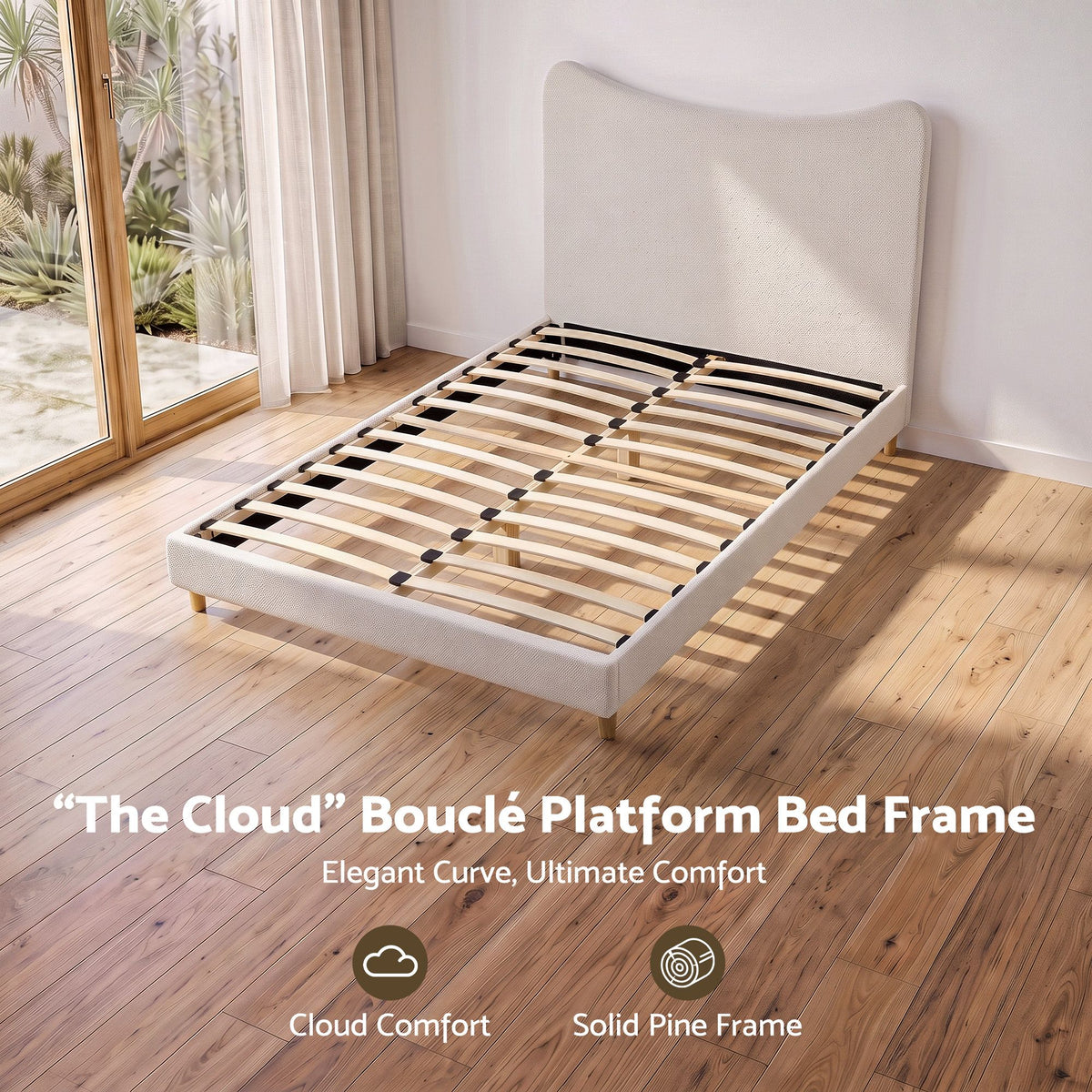 TWSC Double Bed Frame with Boucle Headboard, Beige, 300kg Capacity