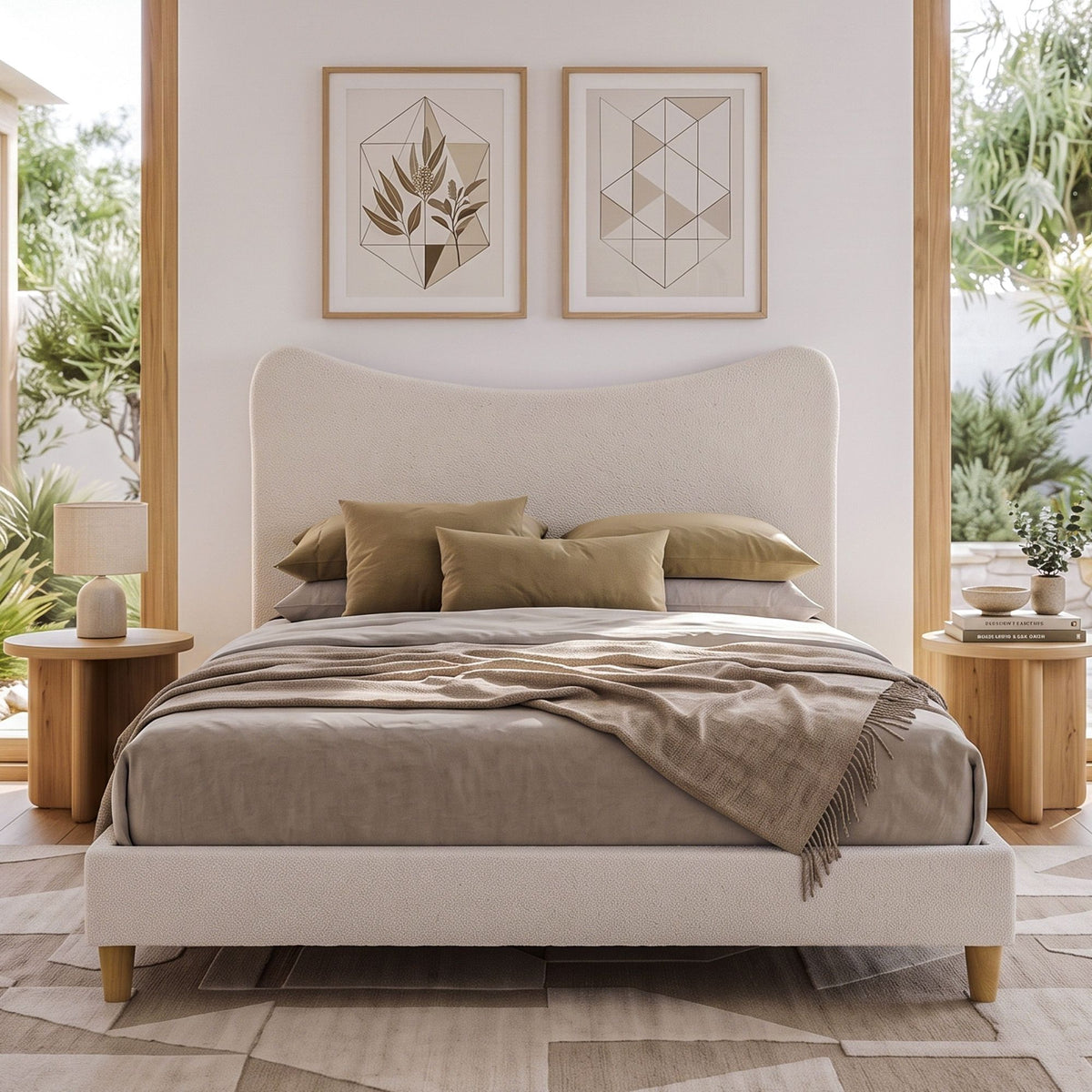 TWSC Double Bed Frame with Boucle Headboard, Beige, 300kg Capacity