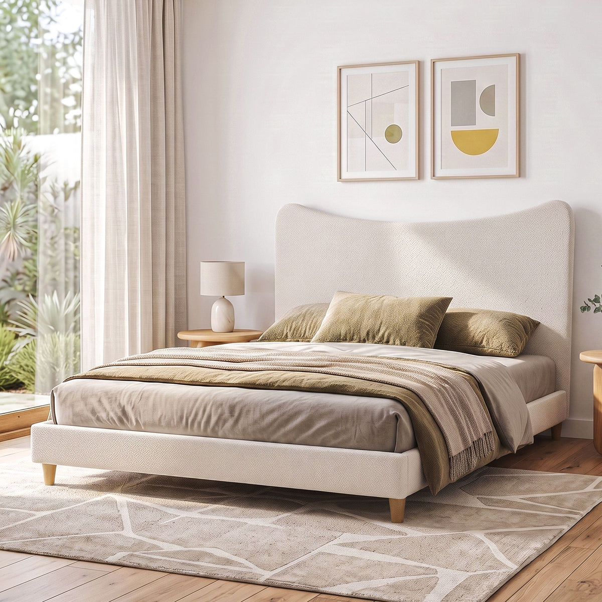TWSC King Bed Frame with Boucle Headboard, Beige, 300kg Capacity