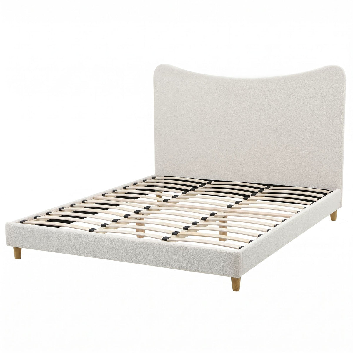 TWSC King Bed Frame with Boucle Headboard, Beige, 300kg Capacity