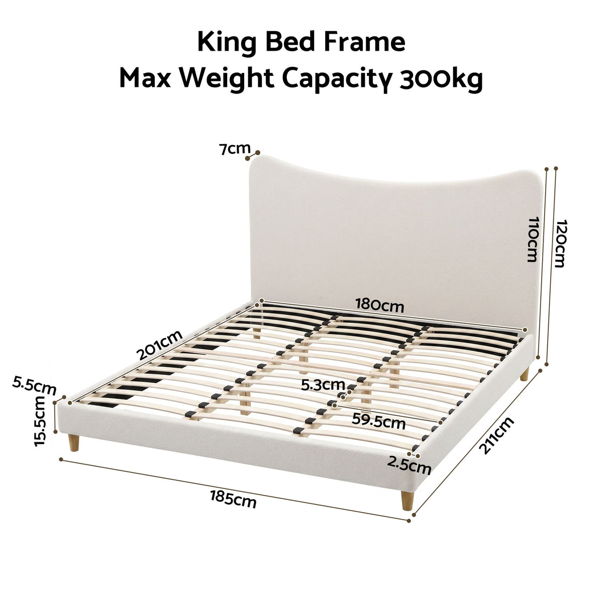 TWSC King Bed Frame with Boucle Headboard, Beige, 300kg Capacity