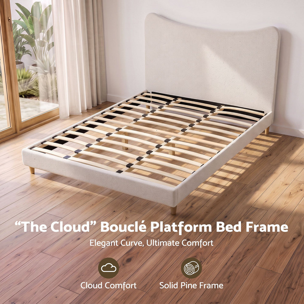 TWSC King Bed Frame with Boucle Headboard, Beige, 300kg Capacity